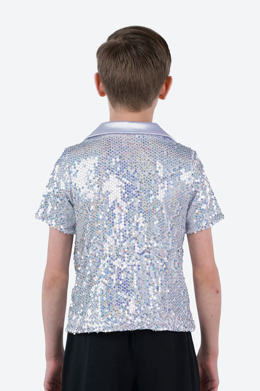 L3545 - COLLARED SHORT SLEEVE SEQUIN SHIRT