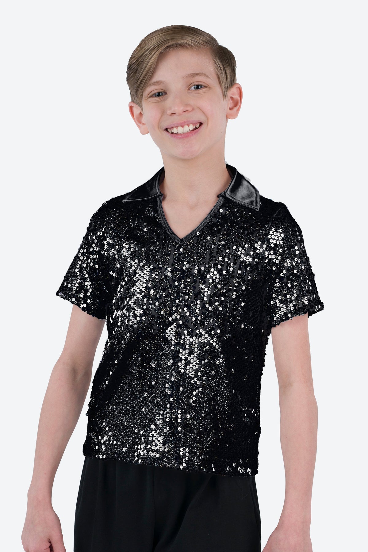 L3545 - COLLARED SHORT SLEEVE SEQUIN SHIRT