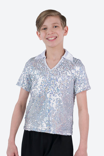 L3545 - COLLARED SHORT SLEEVE SEQUIN SHIRT