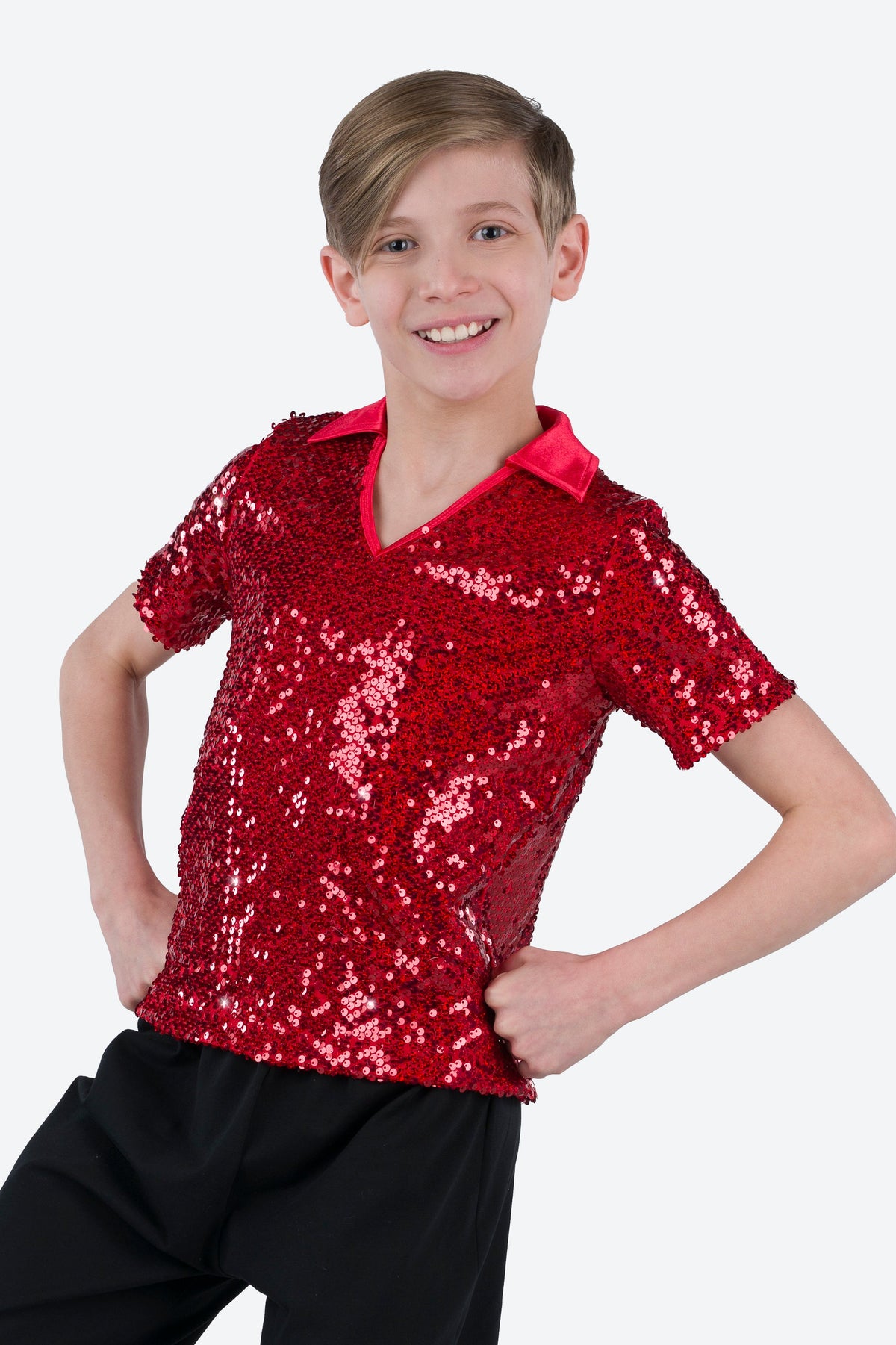 L3545 - COLLARED SHORT SLEEVE SEQUIN SHIRT