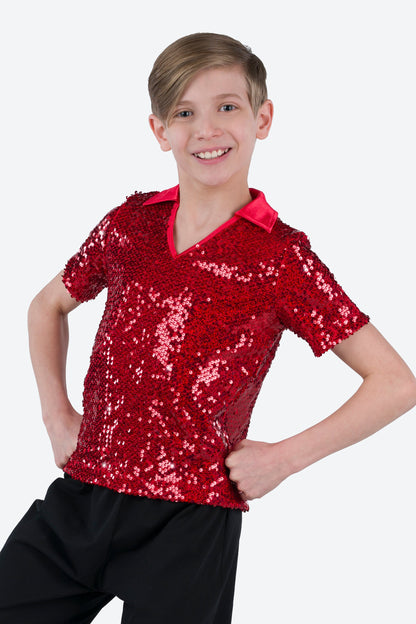 L3545 - COLLARED SHORT SLEEVE SEQUIN SHIRT