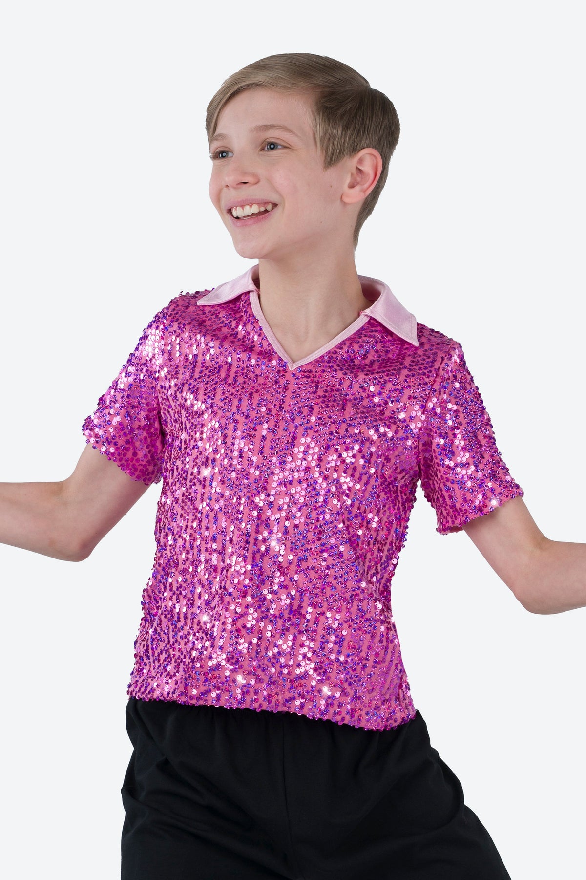 L3545 - COLLARED SHORT SLEEVE SEQUIN SHIRT