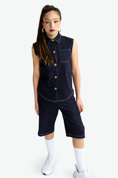 L3858 - DENIM SLEEVELESS BUTTON DOWN SHIRT