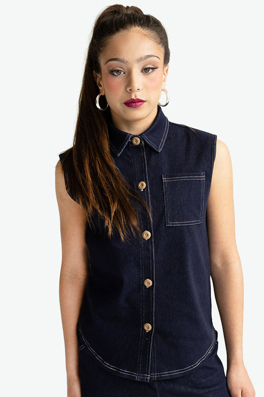 L3858 - DENIM SLEEVELESS BUTTON DOWN SHIRT (L3858-597A8686-SHIRT-P)